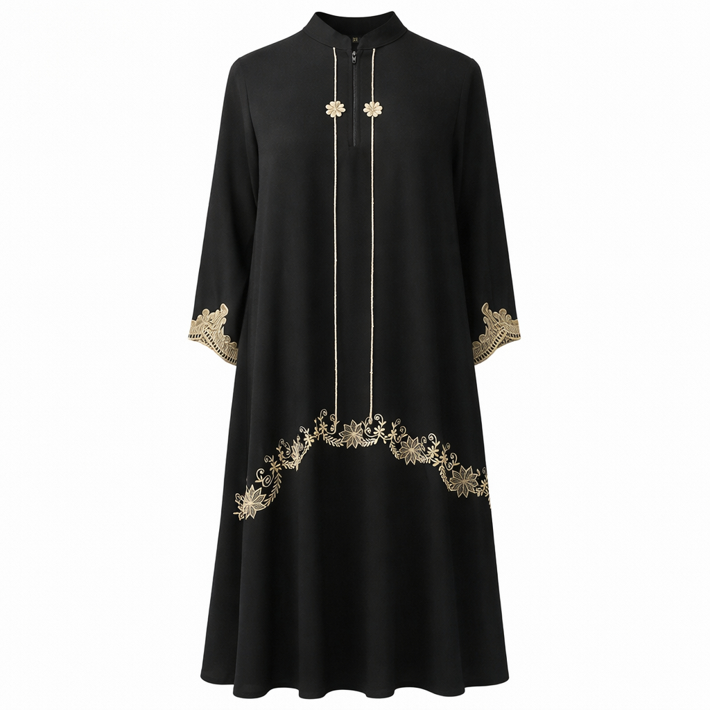 Front Closed x Floral Embroidery x Stole - Premium Silk (Black)