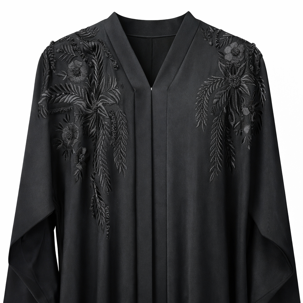 Front Open x Black Embroidery x Stole - Premium Silk (Black)