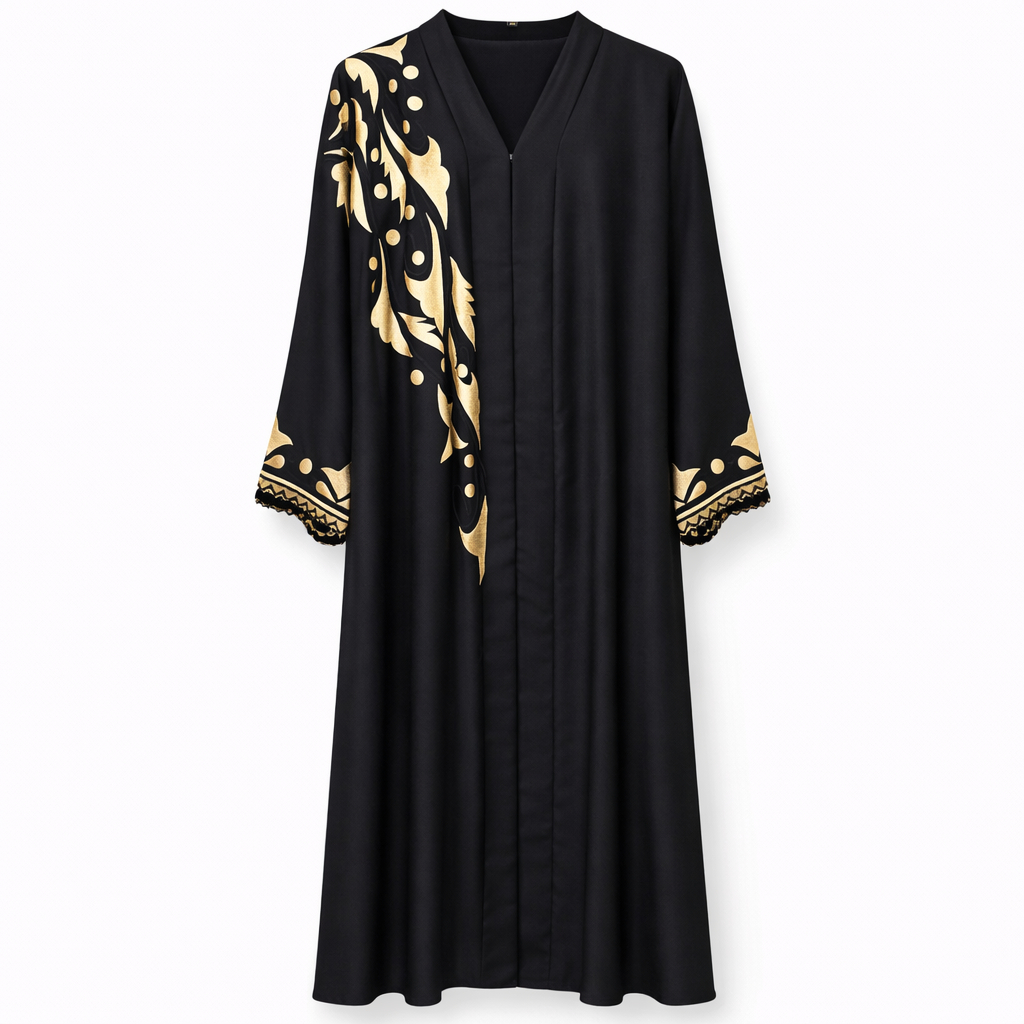 Front Open x Abstract Contrast Embroidery x Stole - Premium Silk (Black)