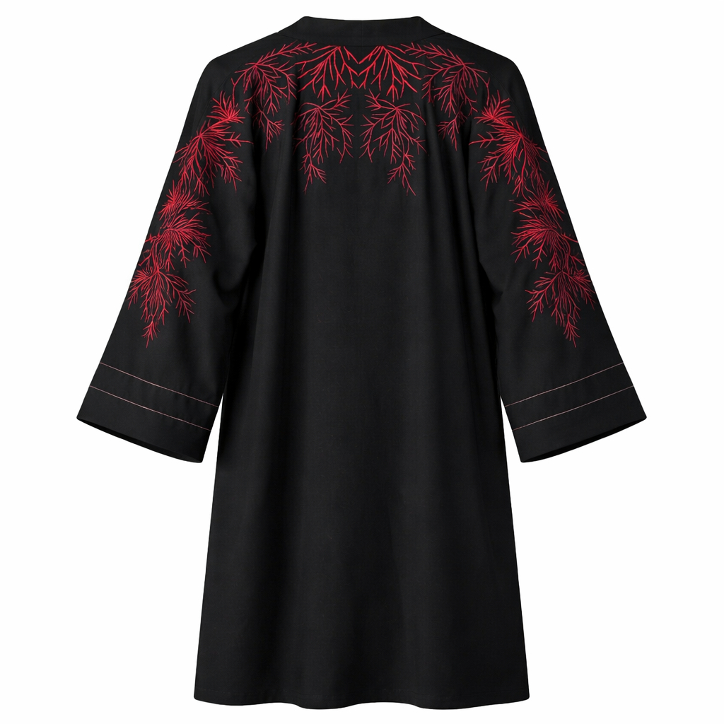 Front Open x Back Floral Vine Embroidery x Stole - Premium Silk (Black)