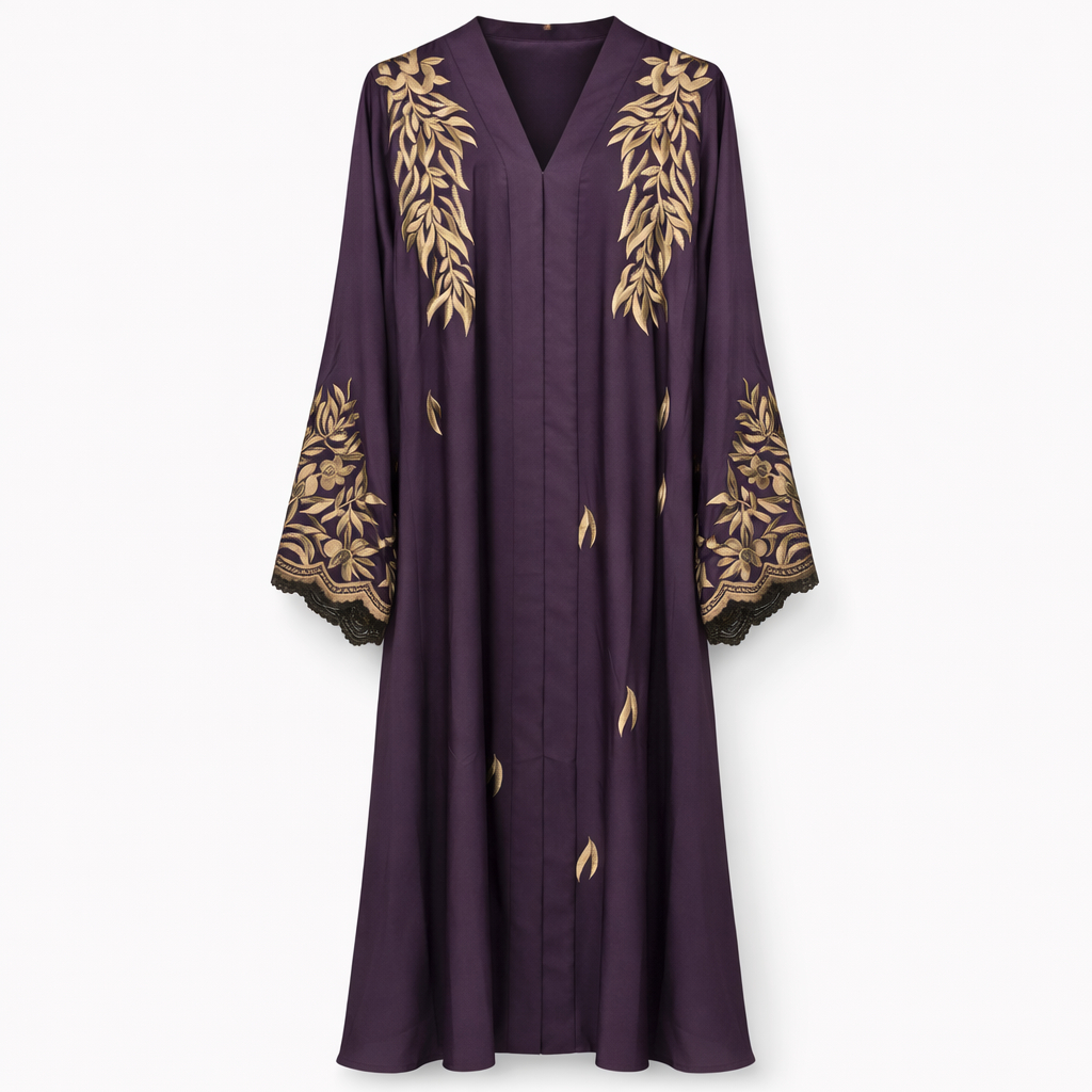 Front Open x Leaf & Floral Embroidery x Stole - Premium Silk (Purple)