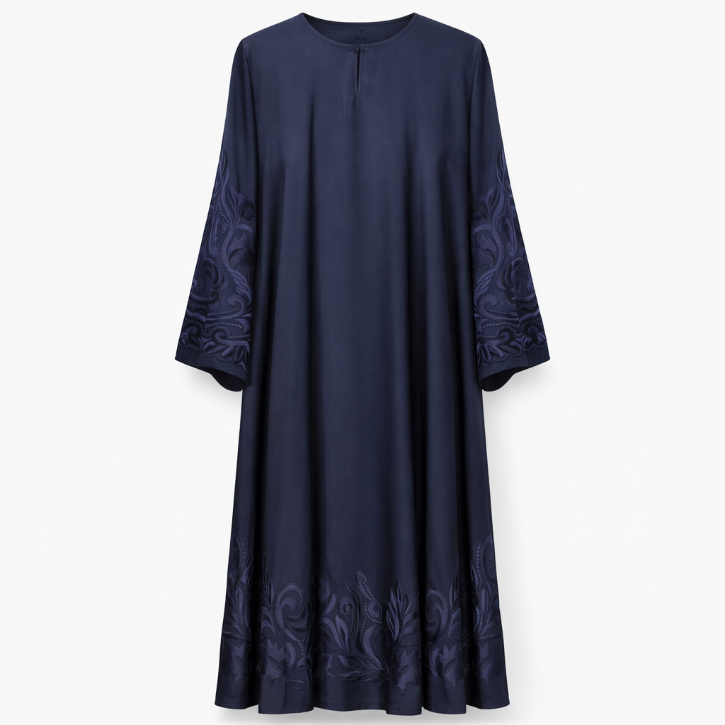 Front Closed x Floral & Scroll Motifs x Stole - Premium Silk (Navy Blue)