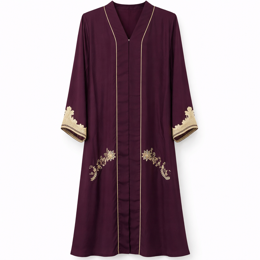 Front Open x Floral Embroidery x Lines x Stole - Premium Silk (Plum)