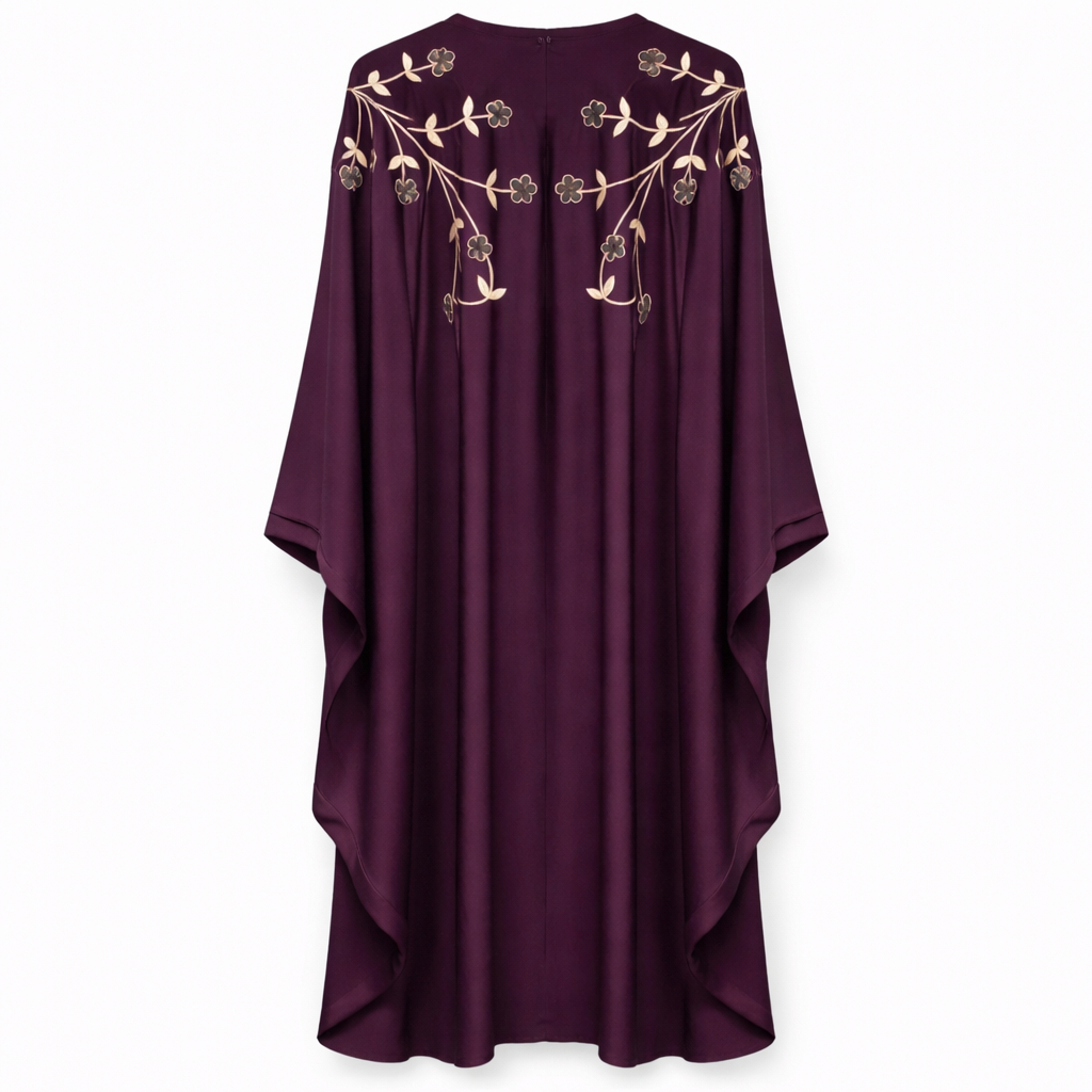 Kaftan x Floral & Leaf Embroidery x Stole - Premium Silk (Purple)