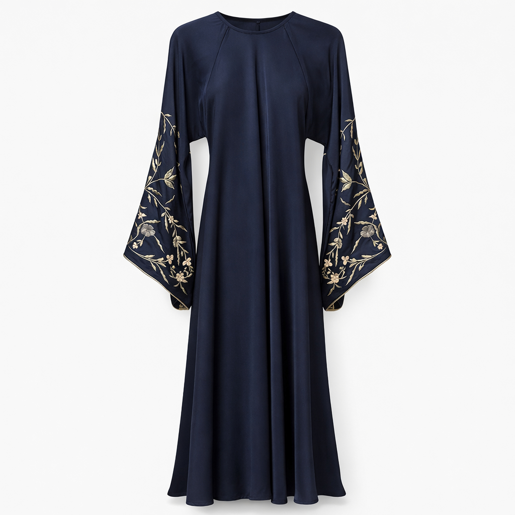 Maxi x Floral Sleeves Embroidery x Stole - Premium Silk (Navy Blue)
