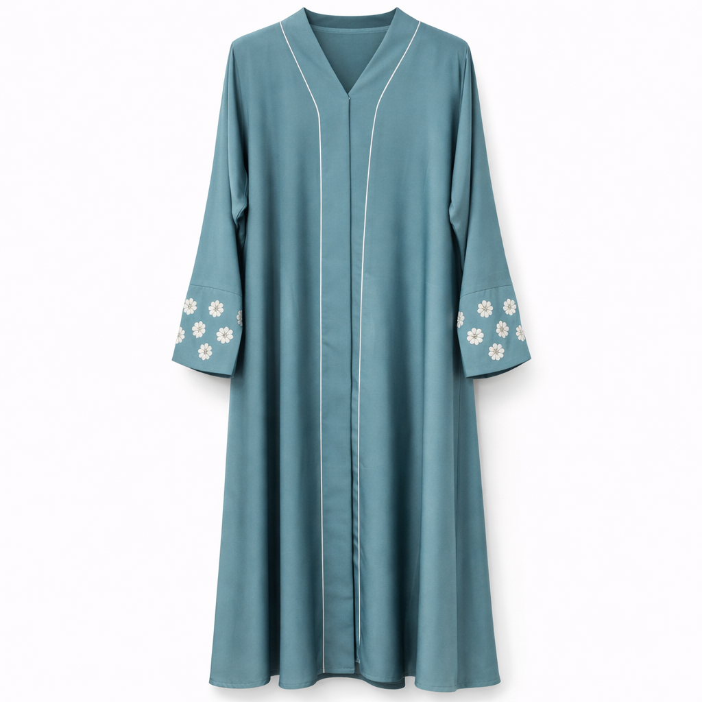 Chinese Neck x Lines x Embroidery x Stole - Premium Silk (Teal)