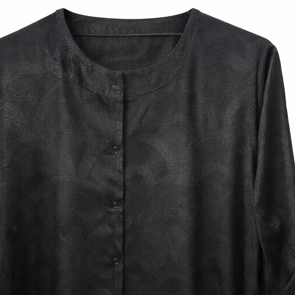Front Open - Black Self Jacquard Leaf Motif