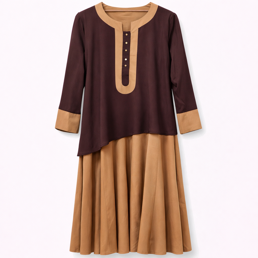 Front Closed x Layered - Crepe x Chiffon (Beige x Deep Maroon Brown)