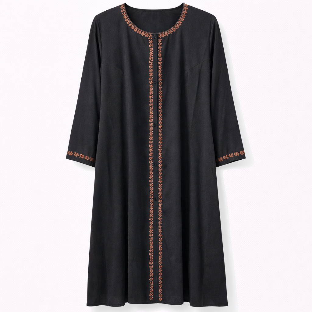 Front Open x Round Lines x Brown Line Embroidery - Arabic (Black)