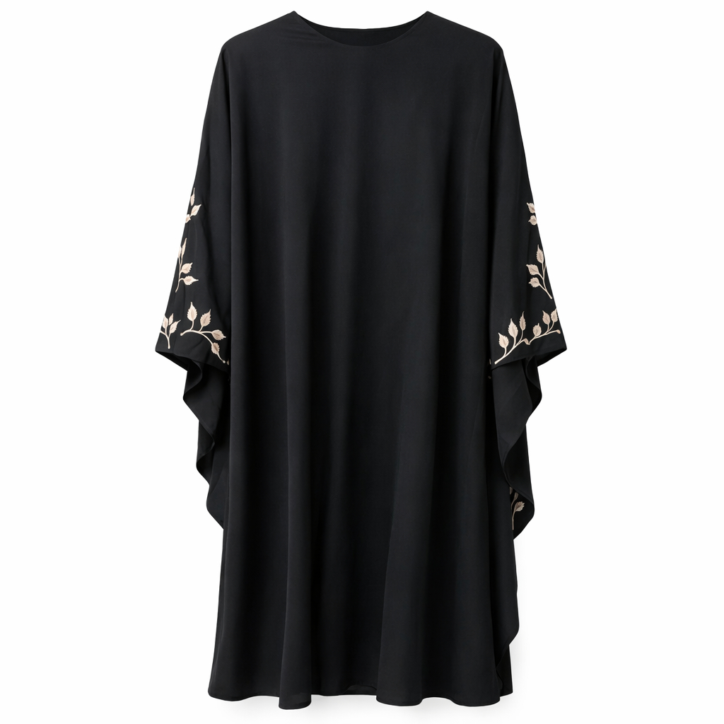 Double Kaftan x Embroidered Leaves - Thick Chiffon (Black)