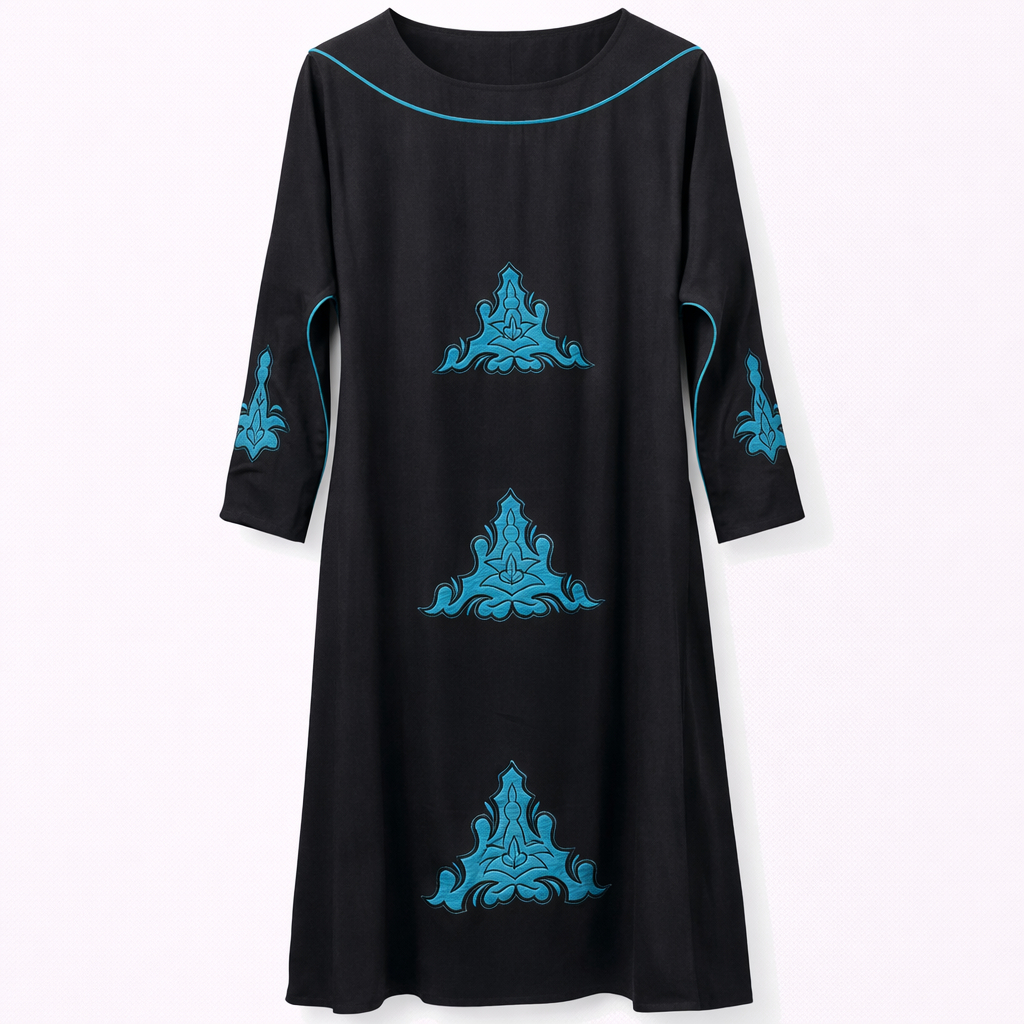 Front Closed x Applique Embroidery x Aqua Blue Contrast Lines - Arabic (Black)