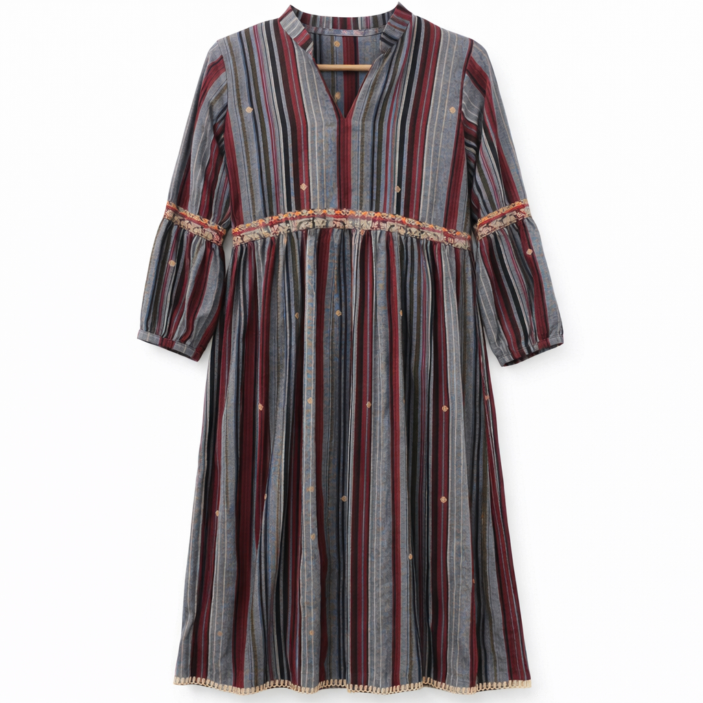 Front Closed x Frills x Collar - Striped Ethnic Print (Grey Base)