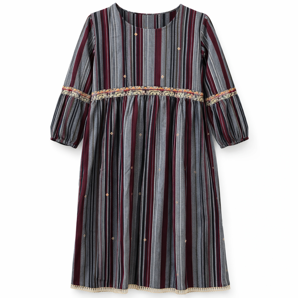 Front Closed x Frills - Striped Ethnic Print (Grey Base)