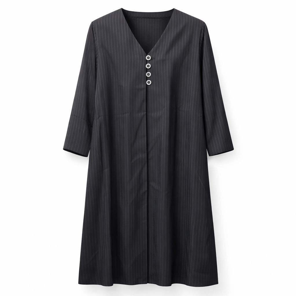 Front Open x Metal Buttons - Black Crepe x Silk (Lines)