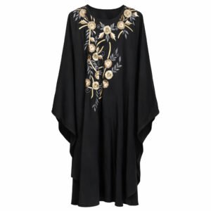 Kaftan x Front Leaf & Floral Embroidery x Stole - Premium Silk (Black)