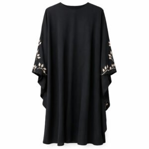 Double Kaftan x Embroidered Leaves - Thick Chiffon (Black)